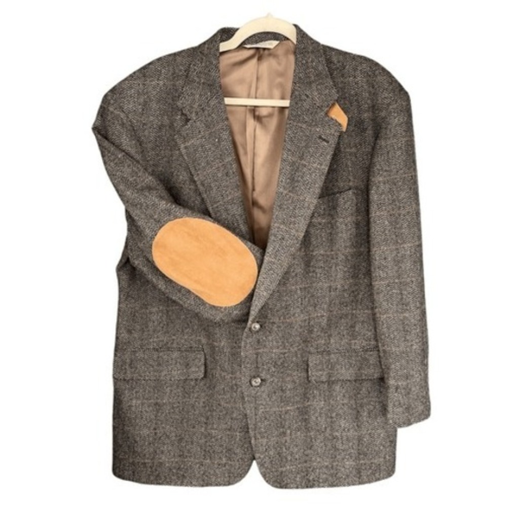 VTG Evan Picone Herringbone Wool Blazer Jacket Coat Leather Elbow‎ Patch Men's